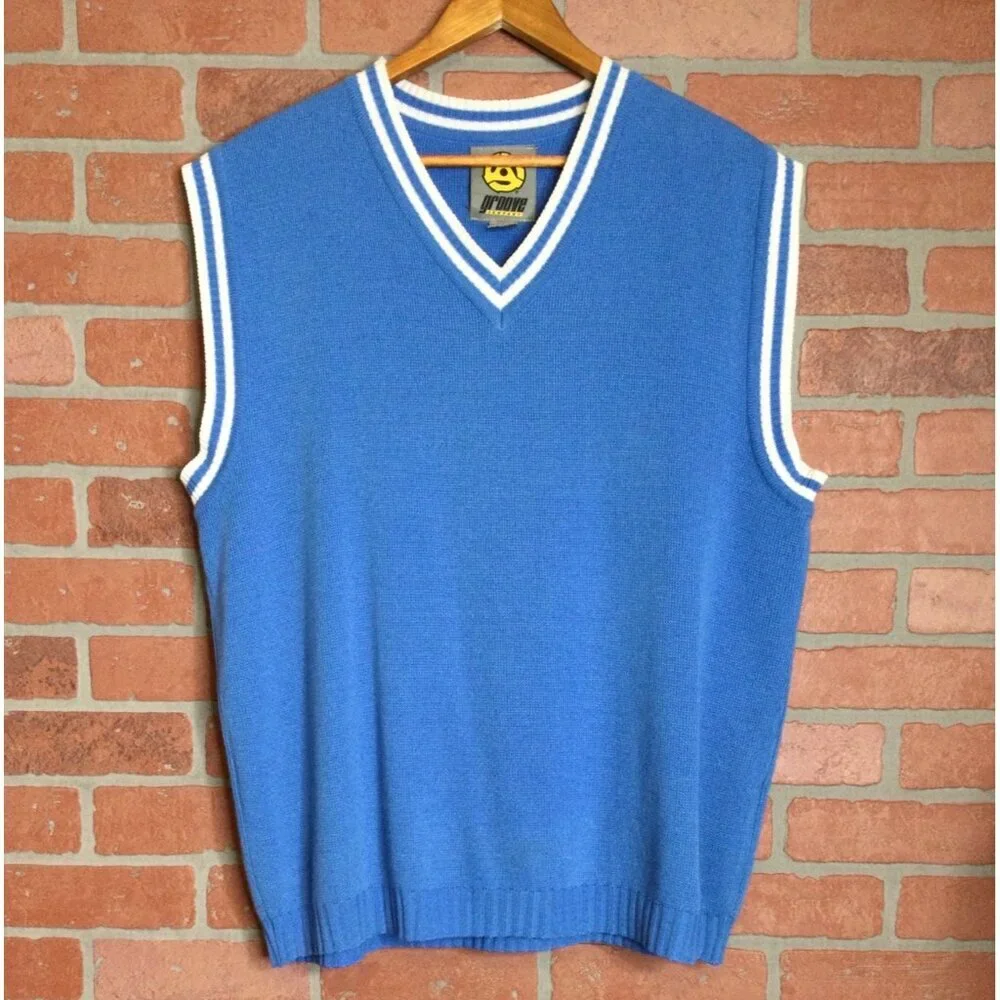 Vintage 90s Groove Blue Sweater Vest White Stripes Size L Preppy Golf Streetwear